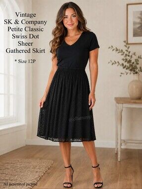 SK & Company Black Sheer Swiss Dot A-Line Skirt Petite 12